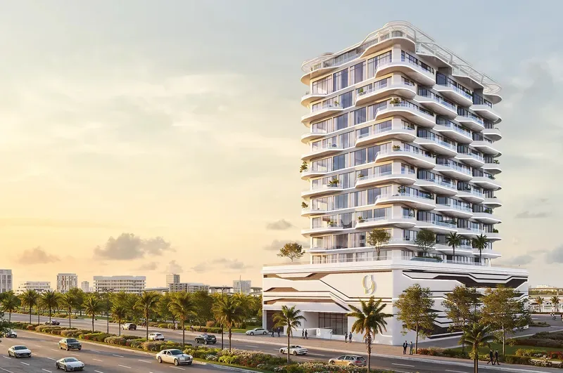 Full-height render of curved-balcony tower with podium