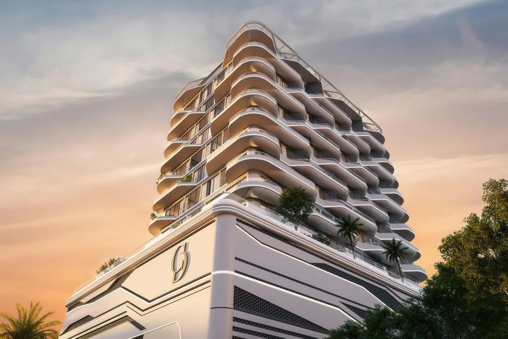 Low-angle render of wavy balconies and podium logo