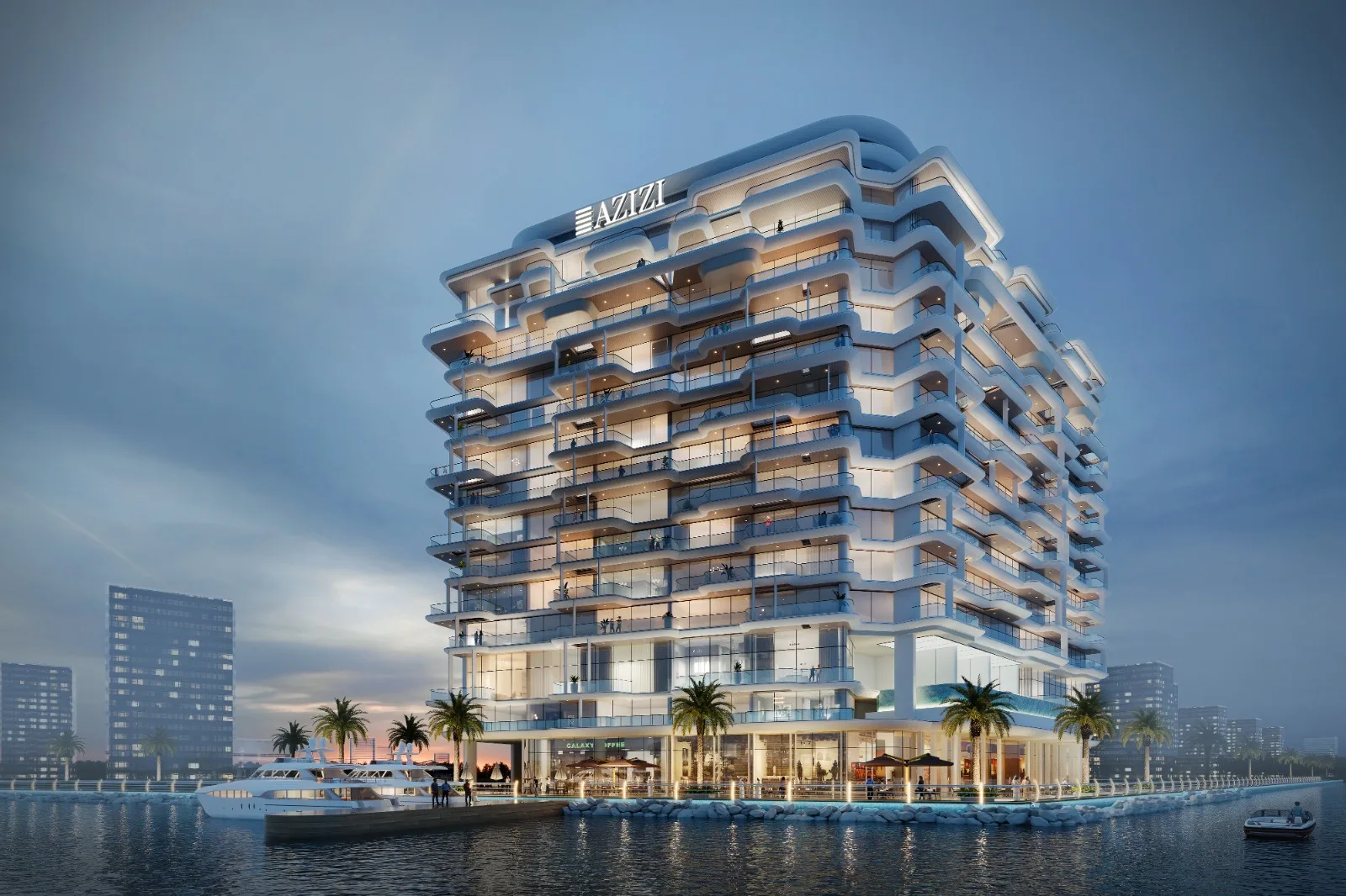 Waterfront tower with curved balconies at dusk