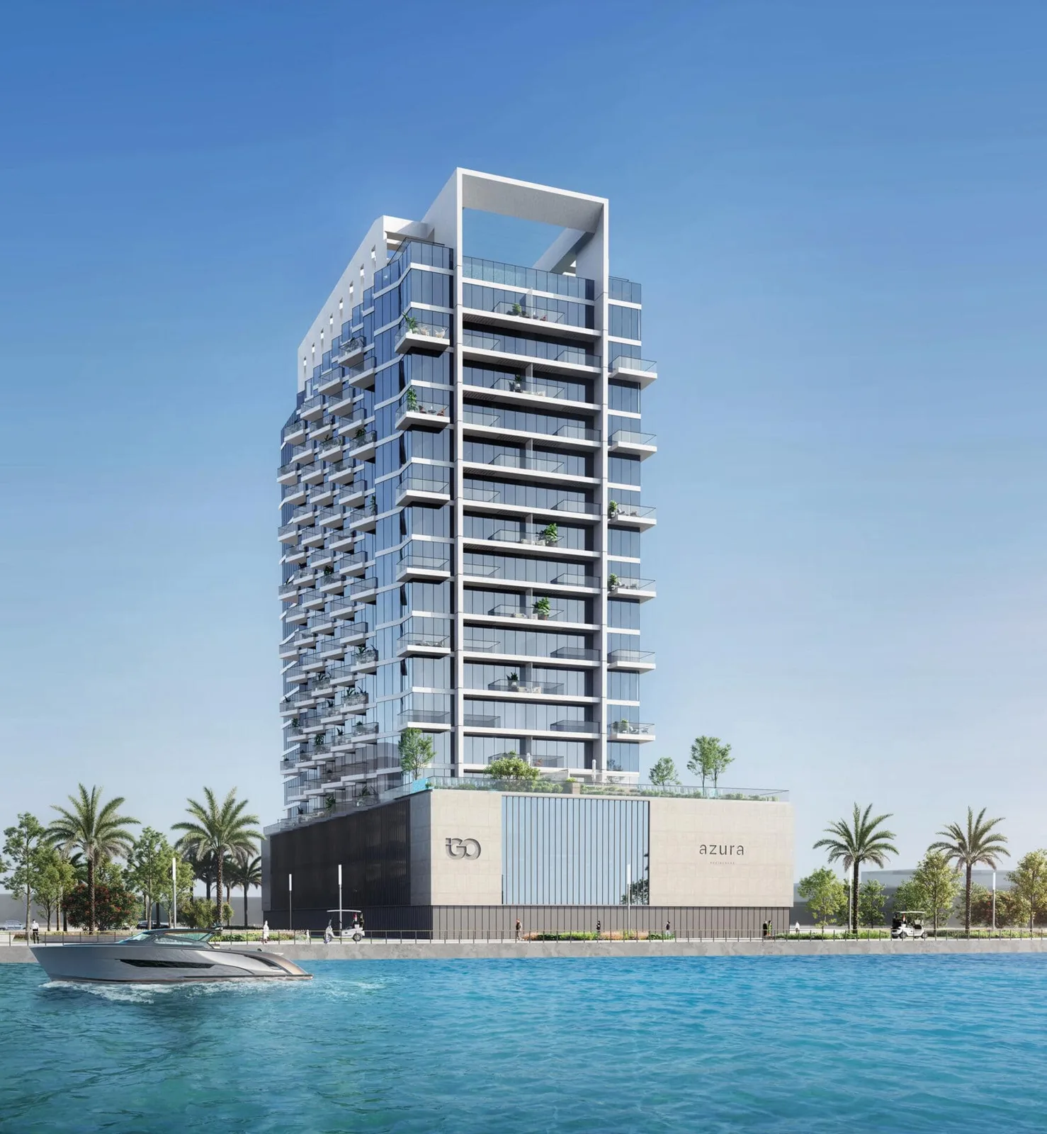 Full tower with podium and azura signage from the water