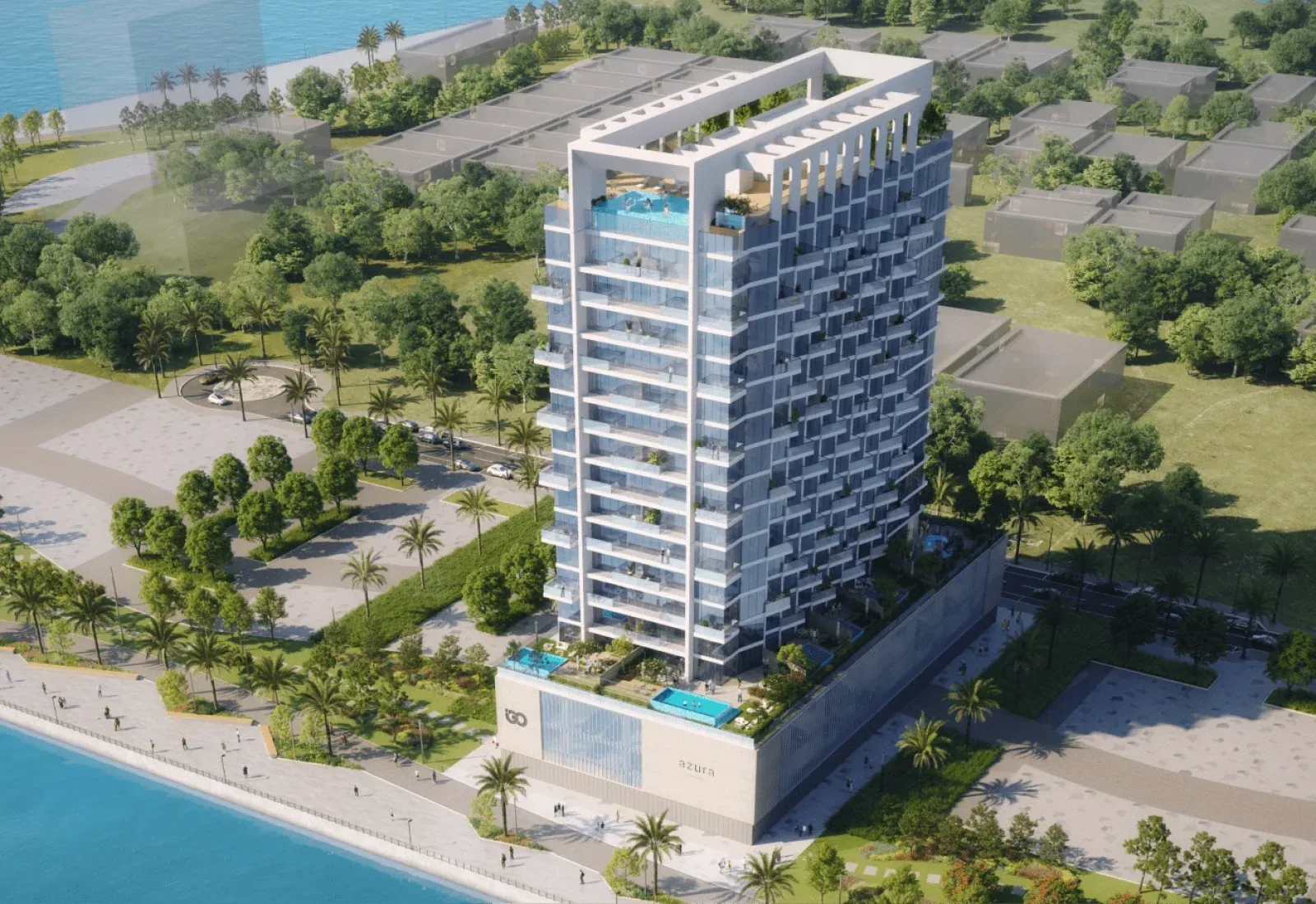 Aerial view of tower with rooftop pool and podium