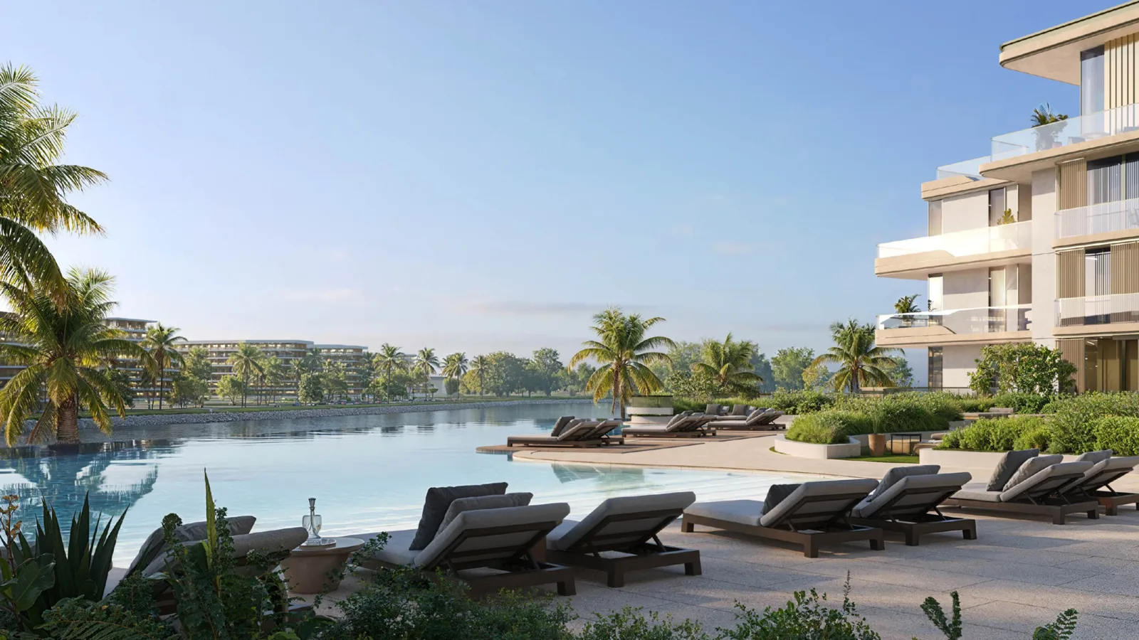 Developer render: lagoon pool and loungers beside building