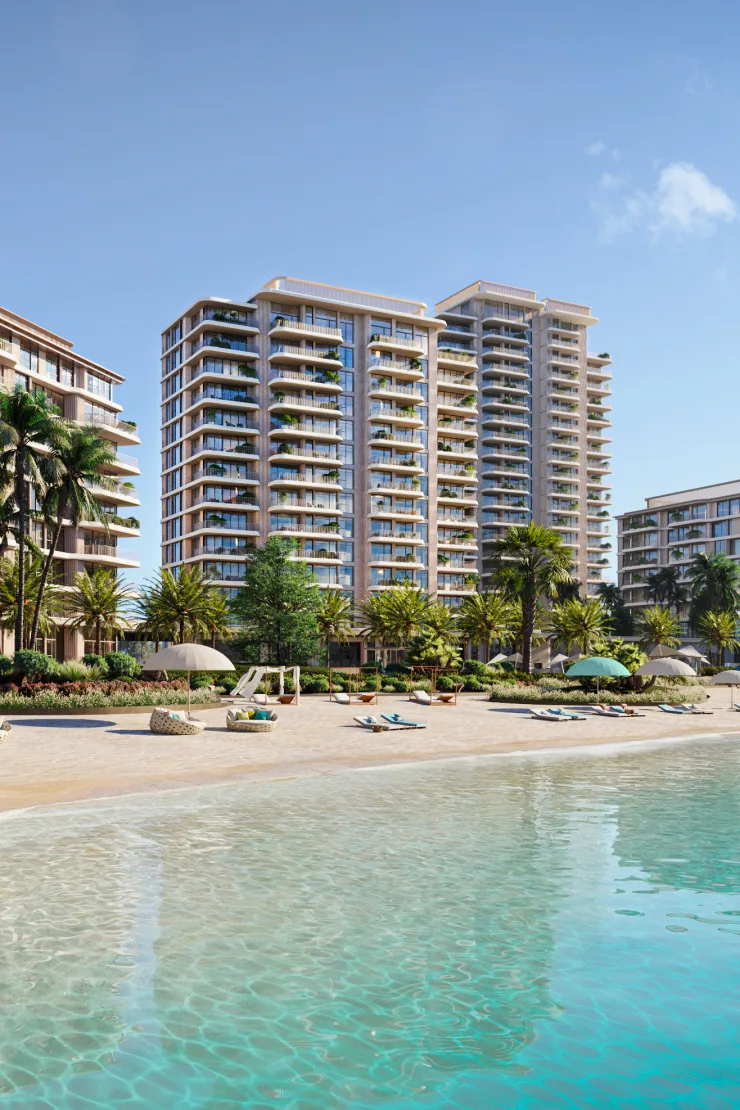 Tower seen from beach and lagoon, full height