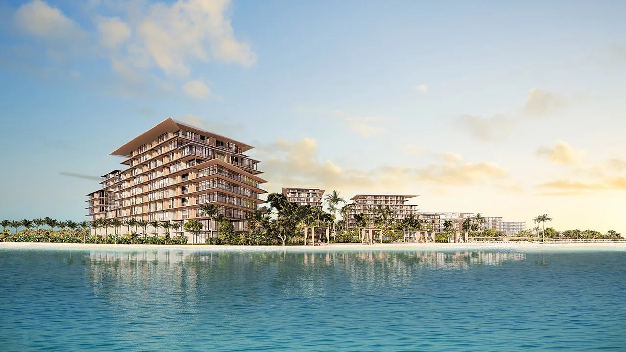 Project picture: Bay Residences Dubai Islands - A3. Terraced beachfront tower with lower blocks at sunset