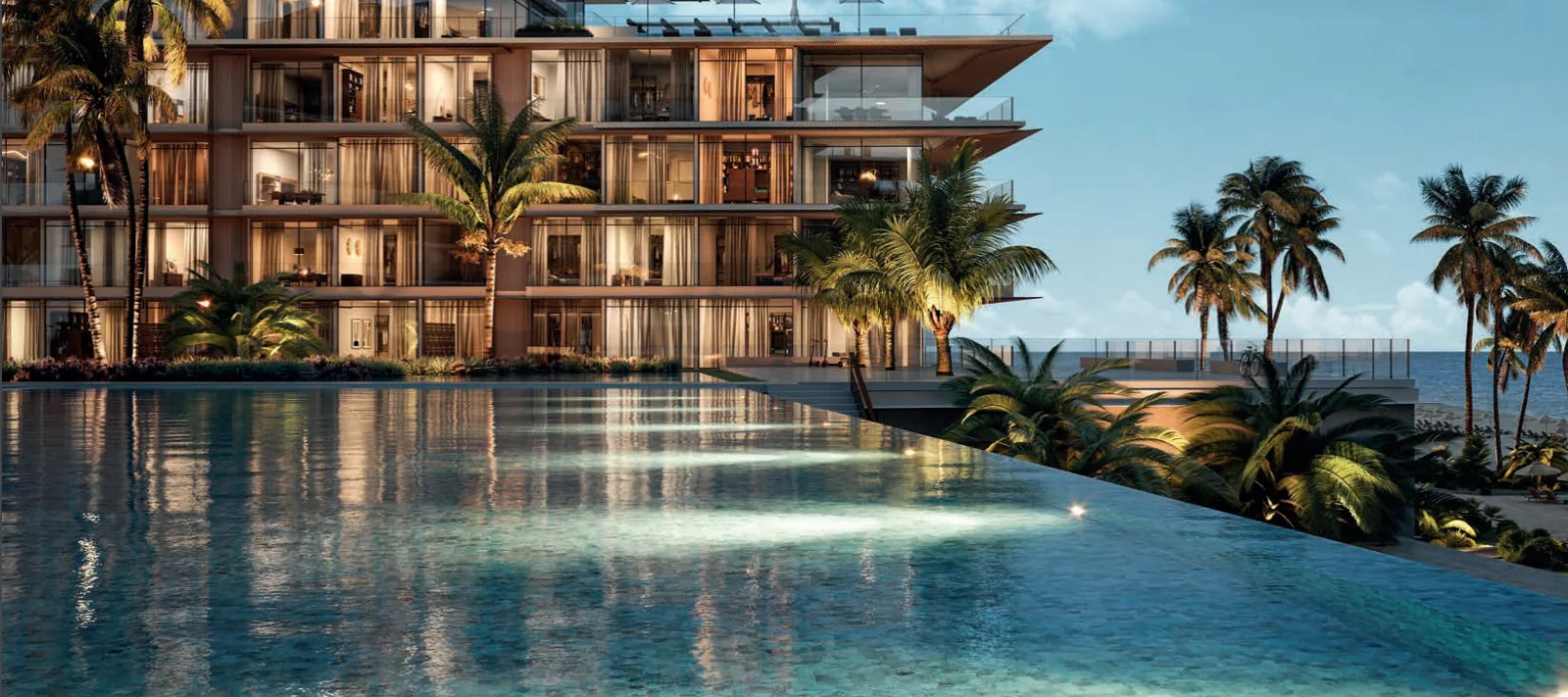 Infinity pool in front of terraced residence facade
