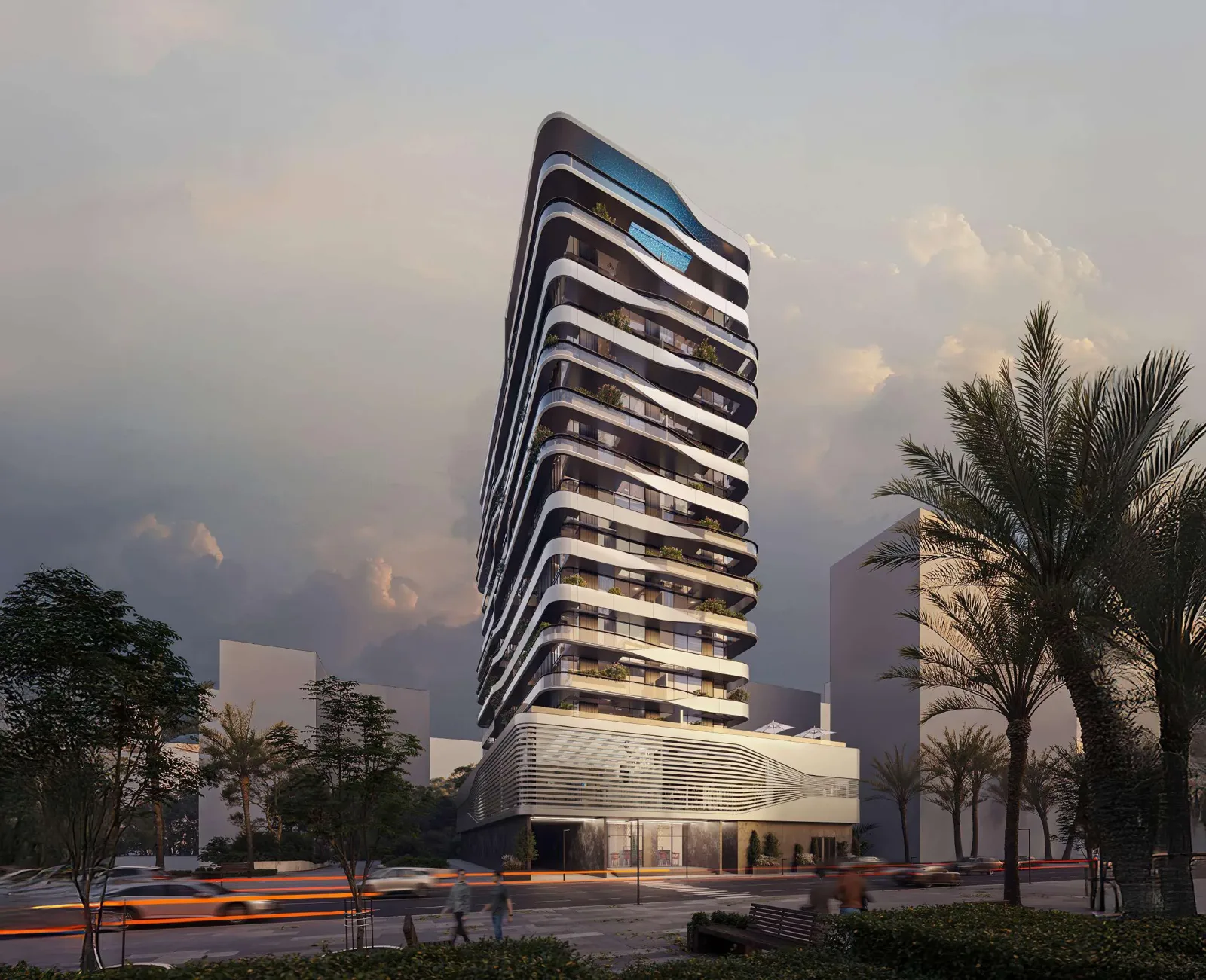Full-height wavy-balcony tower with podium and rooftop pool
