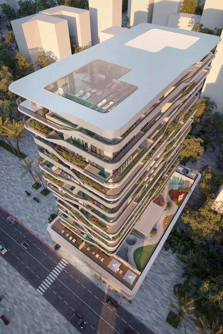 Aerial of tower, roof and podium amenity deck