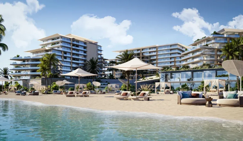 Terraced beachfront residence blocks seen from the shoreline