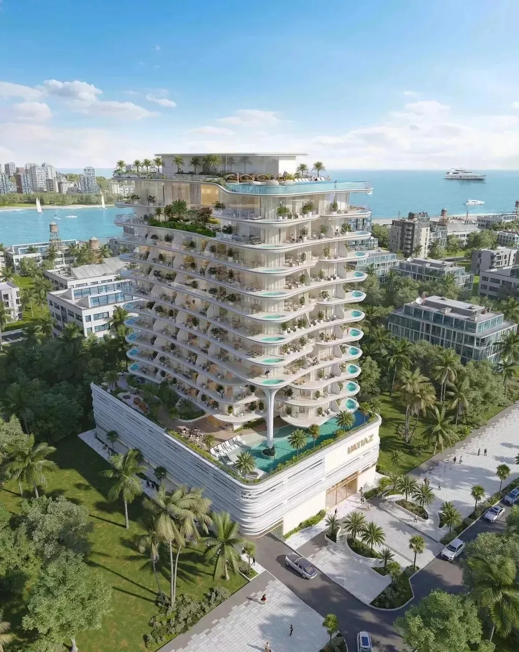 Full tower with curved balconies and podium pool