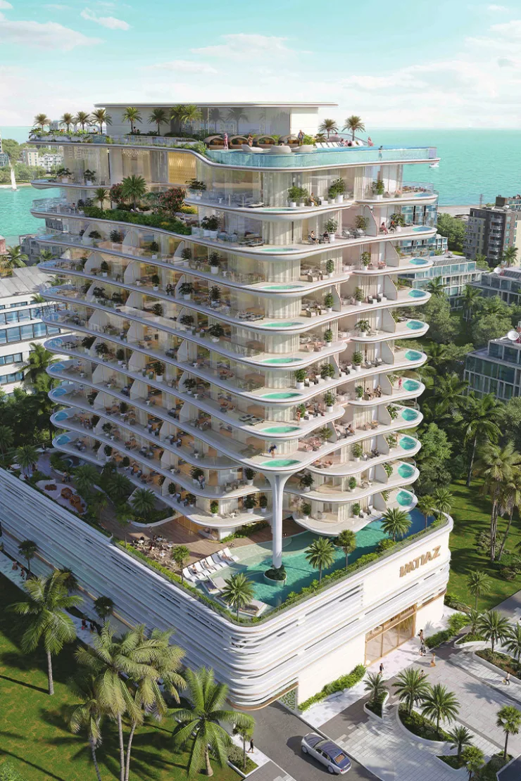 Aerial view of tower, podium pool and rooftop