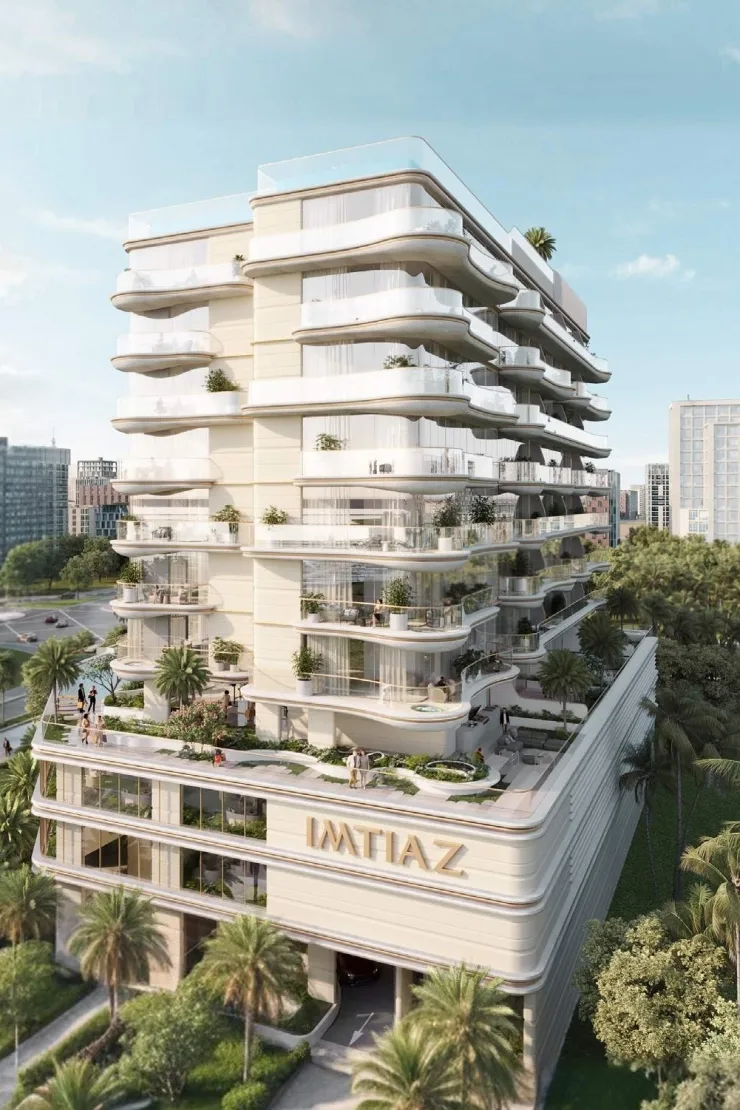 Corner view of tower above landscaped podium