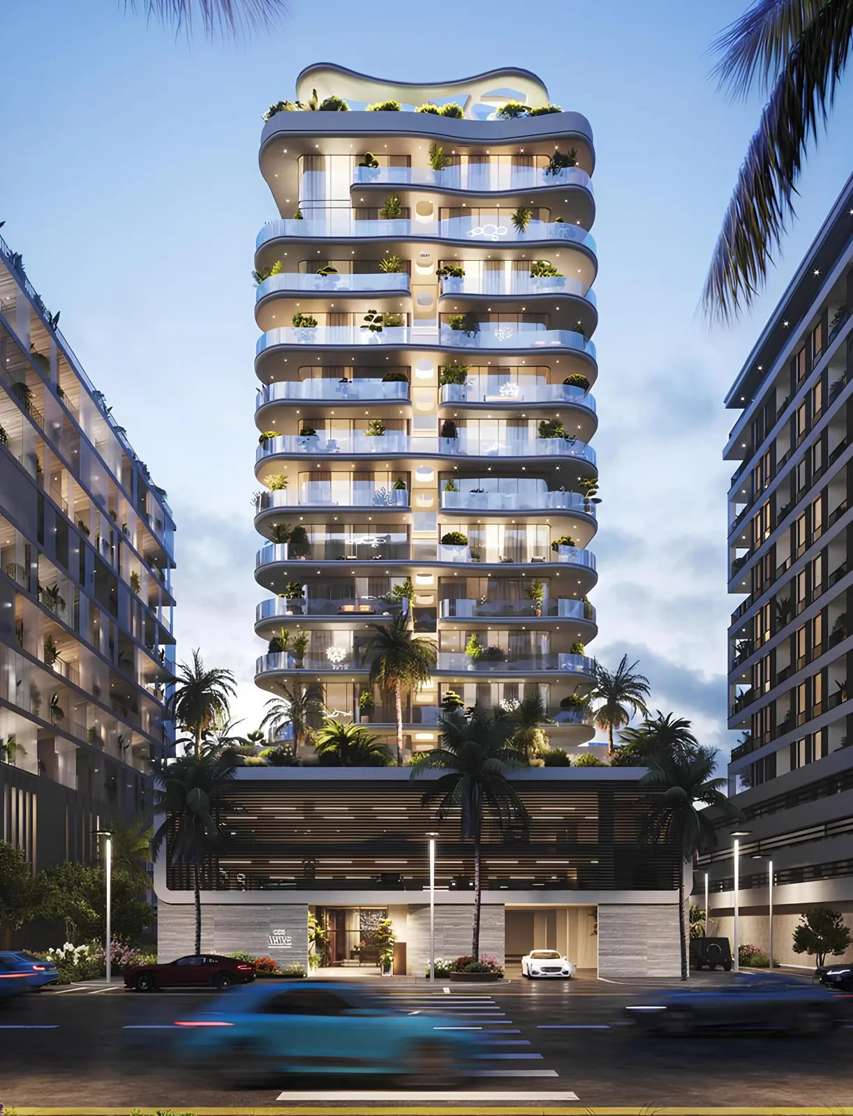 Wavy-balcony tower from street to rooftop, dusk