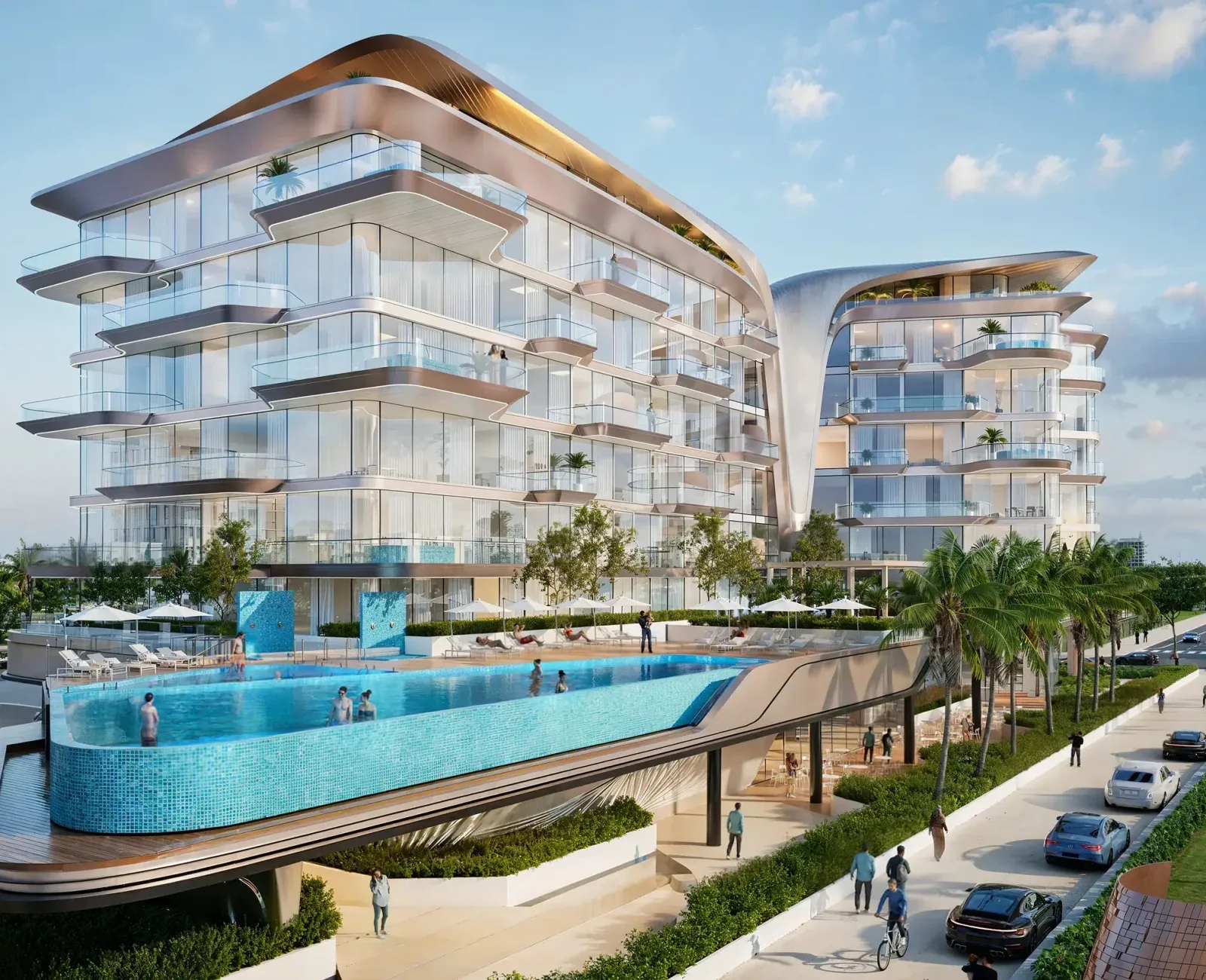 Developer render of curved facade with infinity pool
