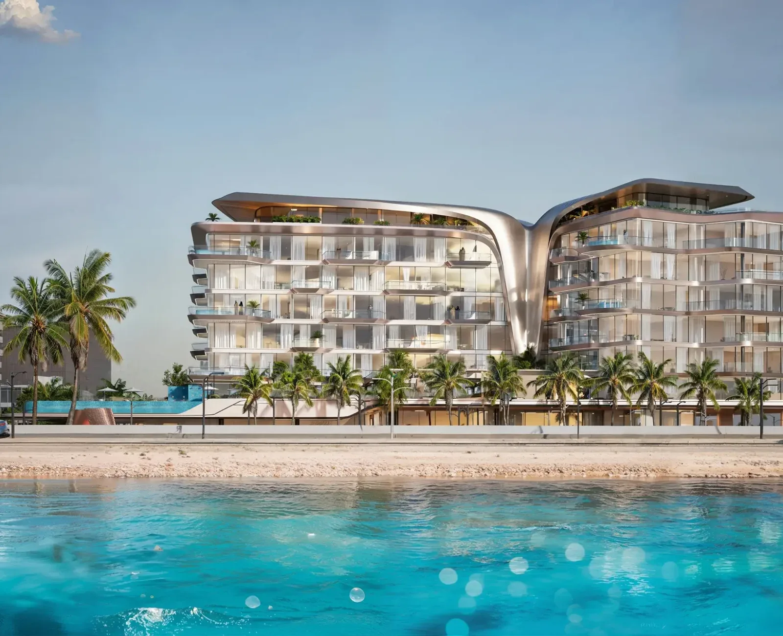 Beachfront render of twin curved-roof building