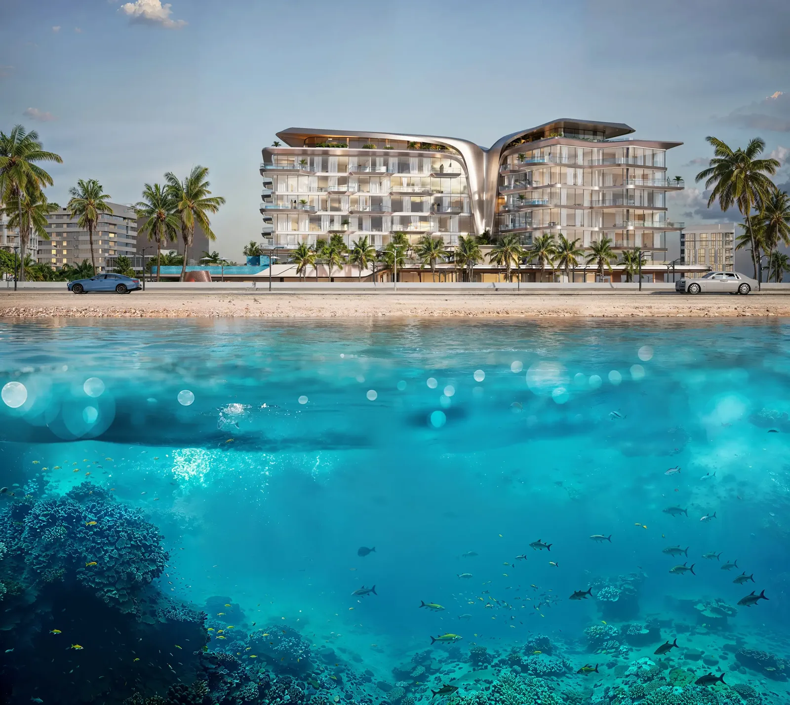 Building seen across beach with underwater view