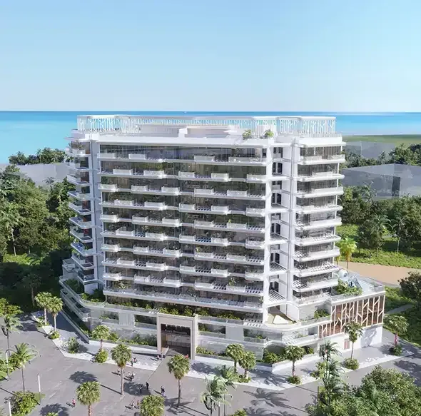 Developer render of the mid-rise building with podium, by the sea