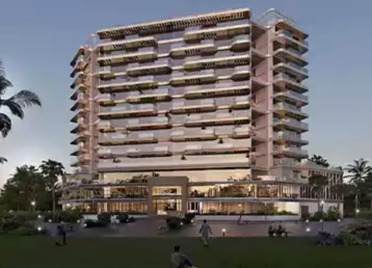 Dusk render of the balconied building above its podium