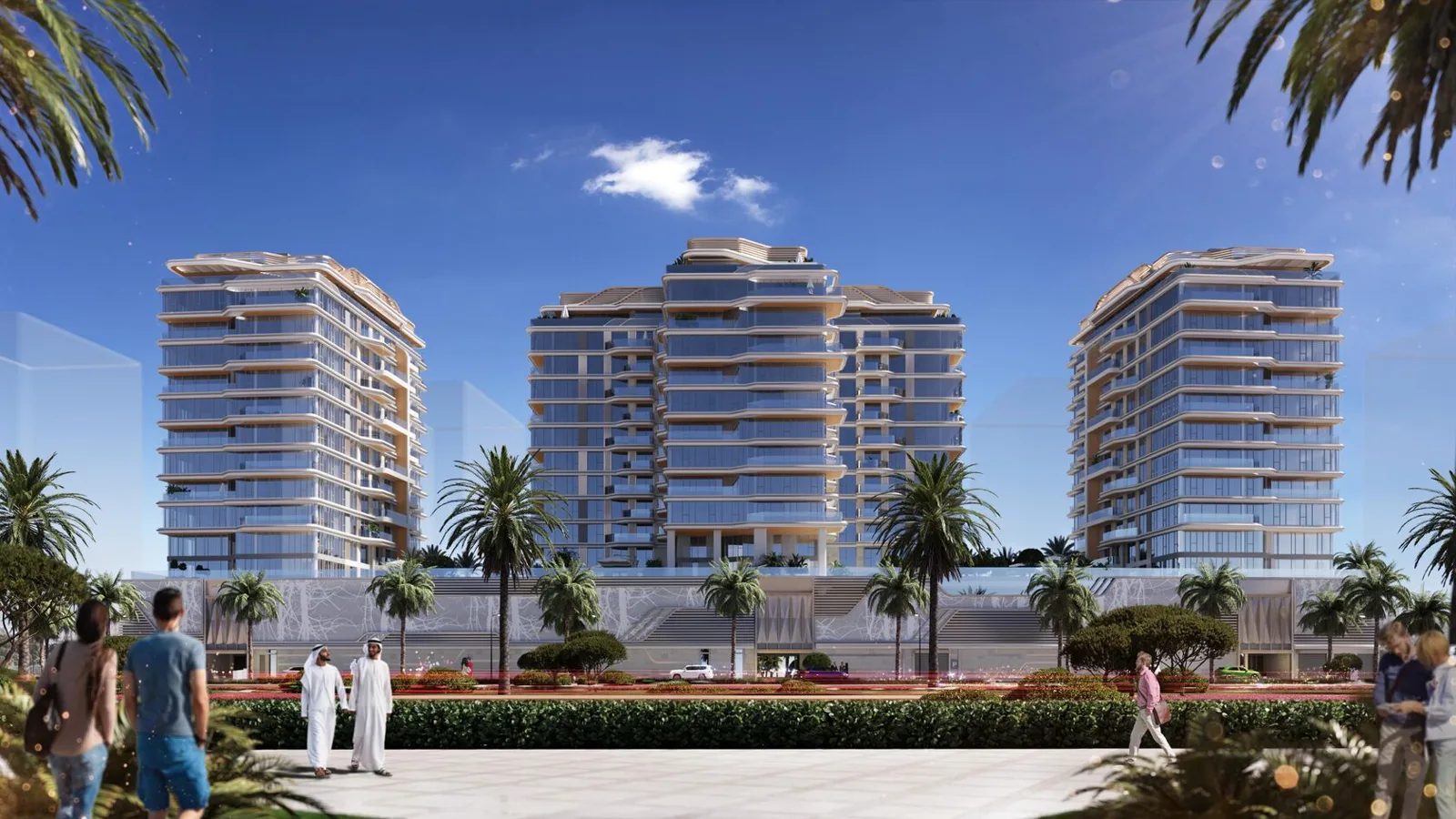 Developer render of three towers on podium, daytime