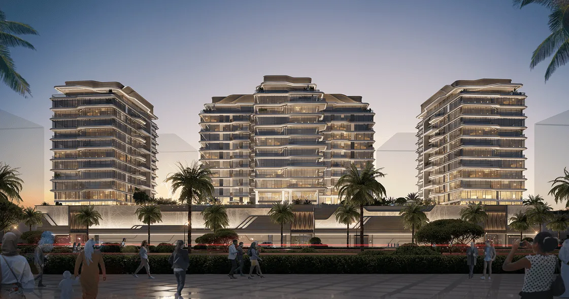 Dusk render of the three-tower complex