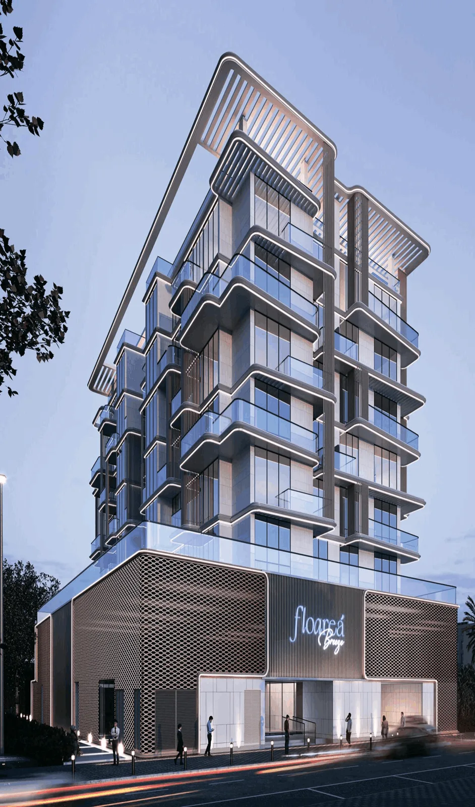 Dusk render of the full tower with Floarea Breeze signage