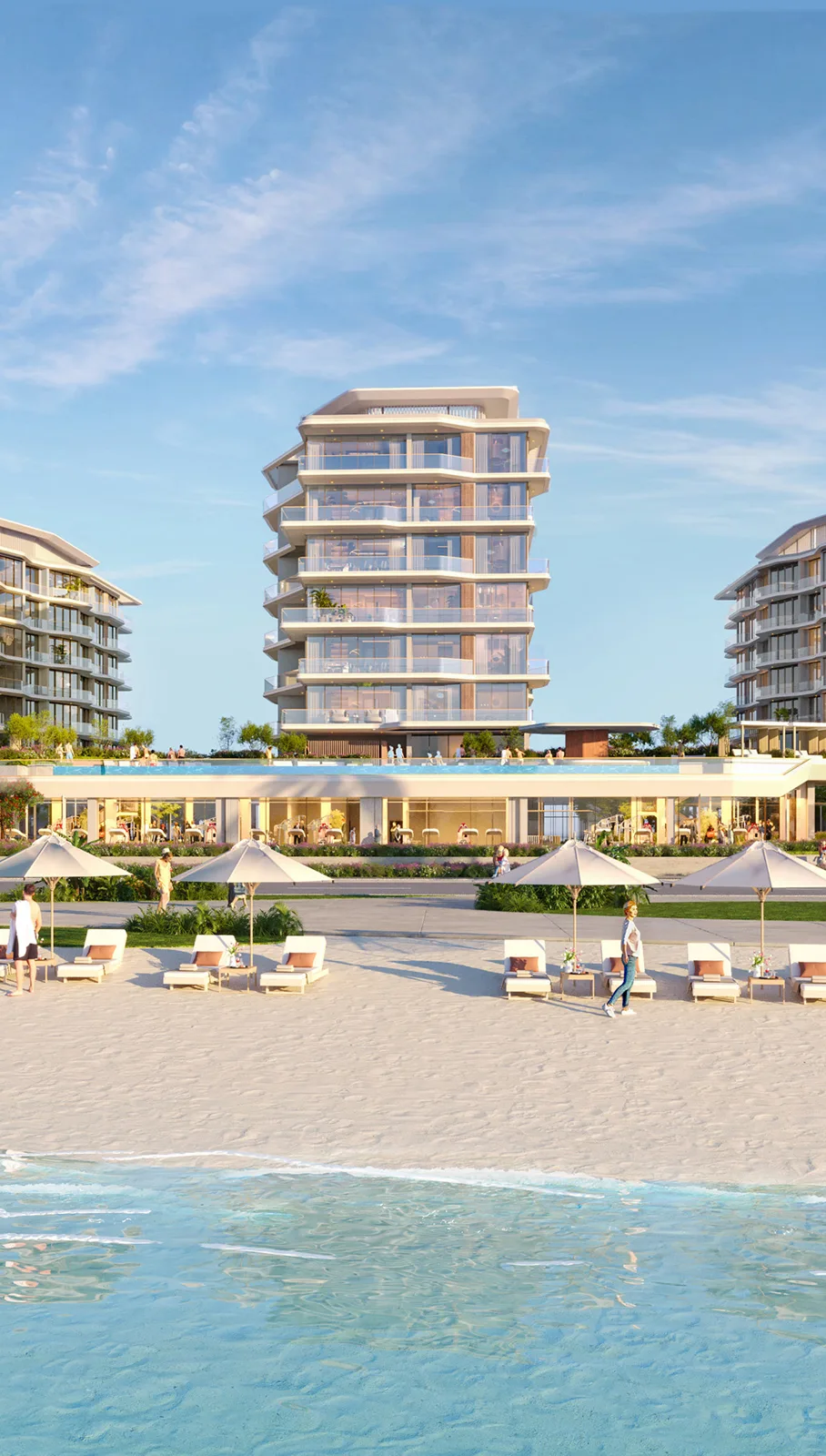Central tower rising above podium and beach loungers