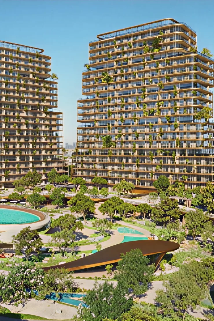 Twin stepped towers with planted gold-banded balconies
