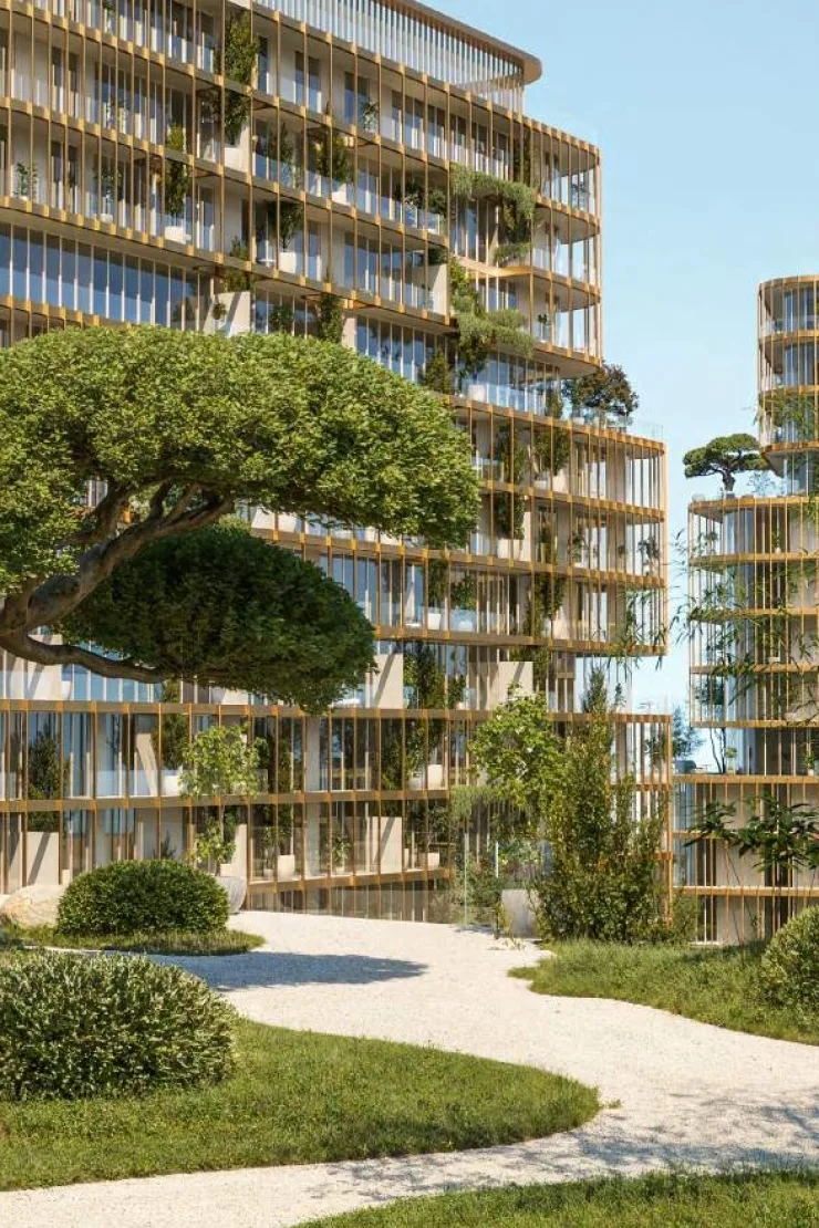 Gold-fin facade with balcony planting and garden path