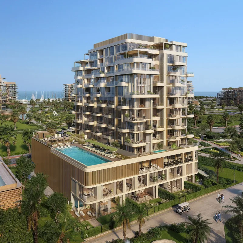 Full tower with podium pool, aerial developer render