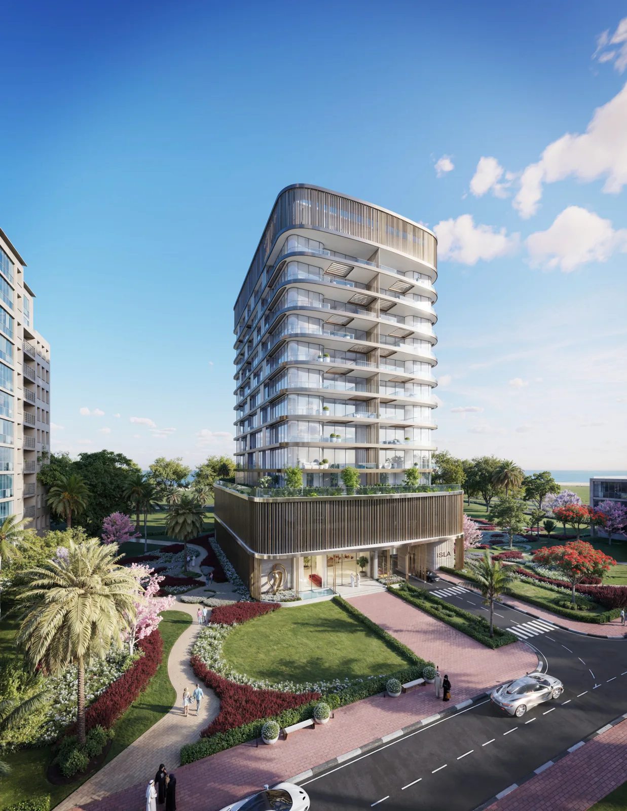 Full tower with podium, landscaped gardens and street
