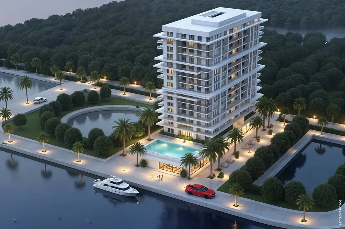 Aerial of white tower with pool and waterfront