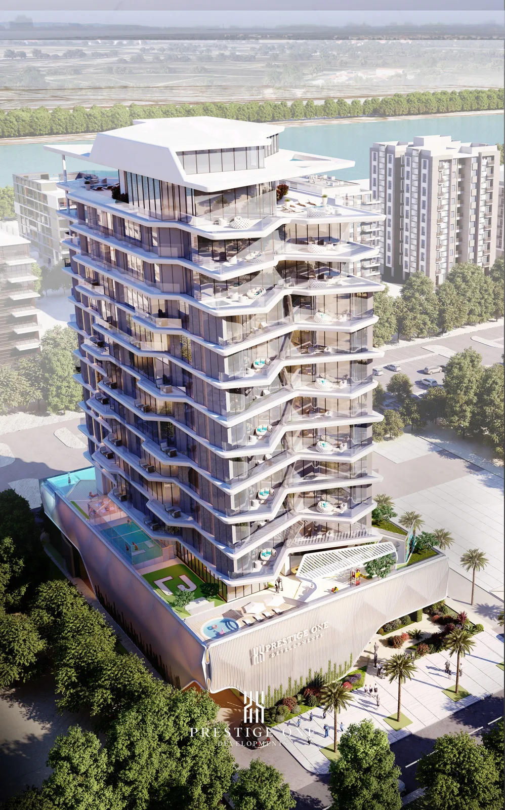 Aerial render of full tower with podium and pool deck