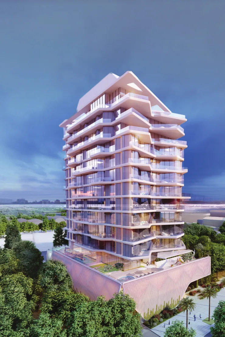 Tower with wavy balconies and white crown