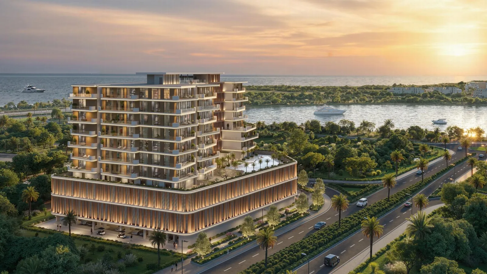 Full building with podium, rooftop pool and waterfront