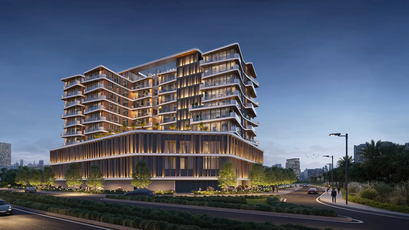 Night view of full building with timber-fin podium