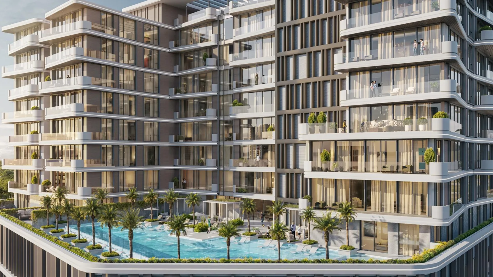 Podium-level pool deck below curved white balconies