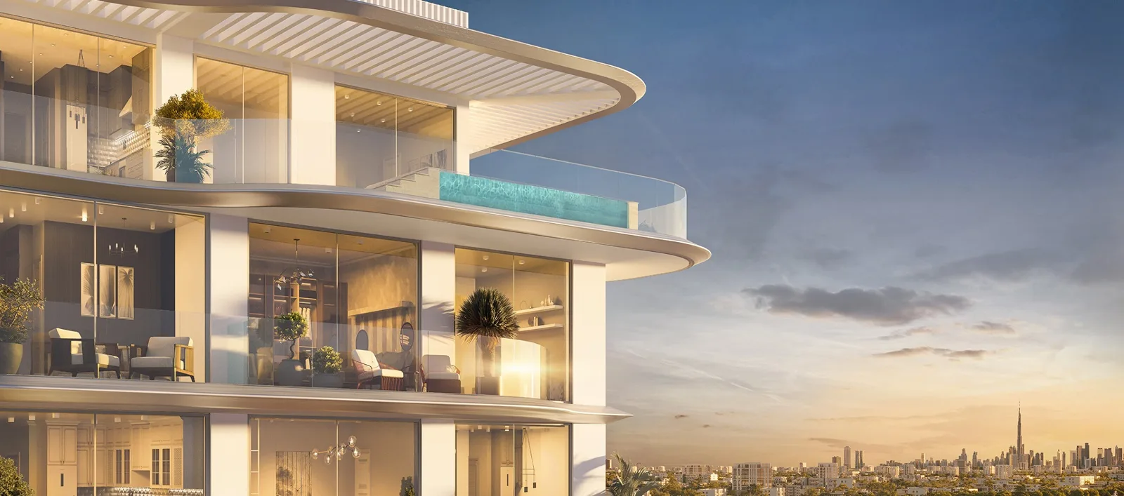 Curved terraces with glass-edged pool at sunset