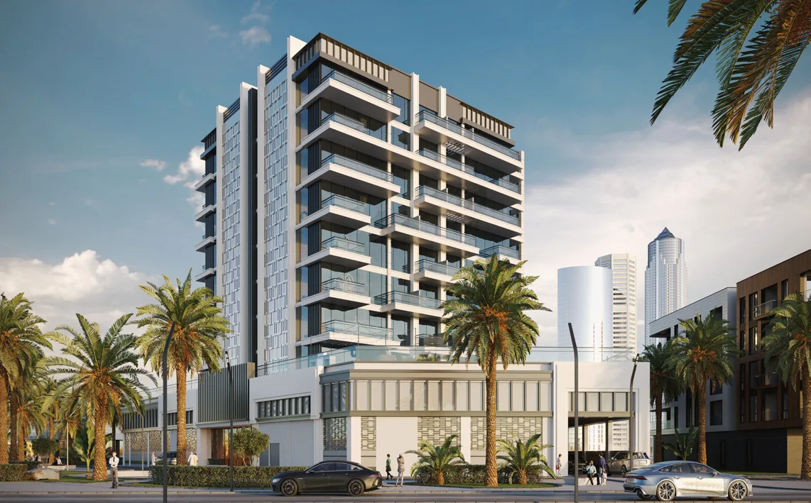Full tower with podium, daytime street view