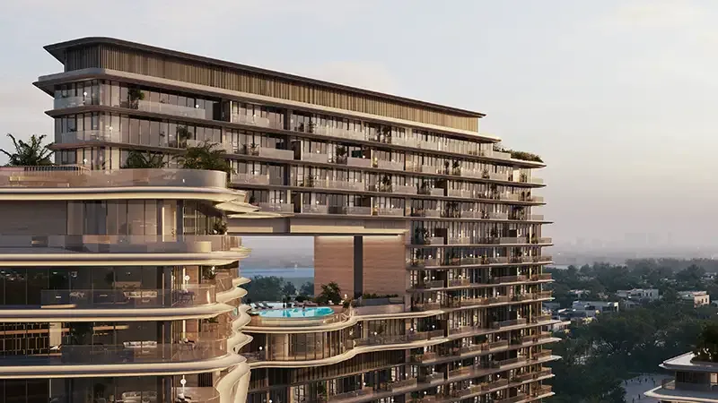 Upper towers with sky bridge and pool