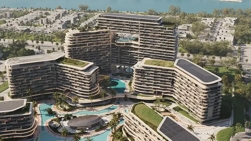 Aerial render of Meriva Gardens towers and pools