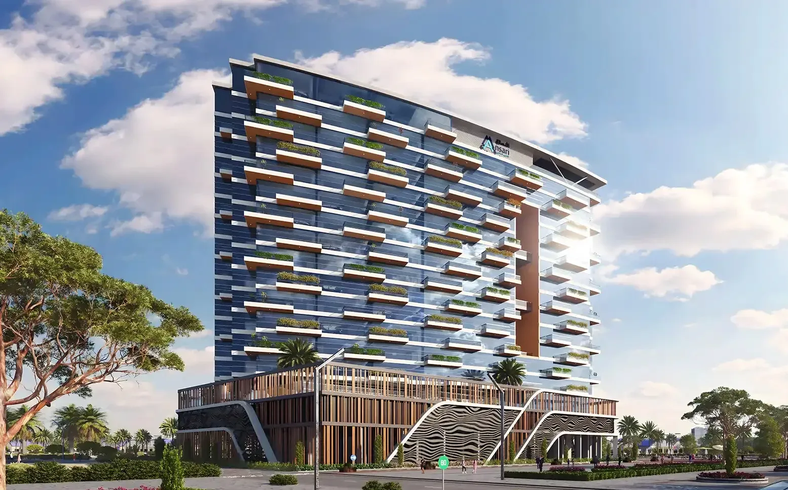 Full tower with balconies and podium, developer render