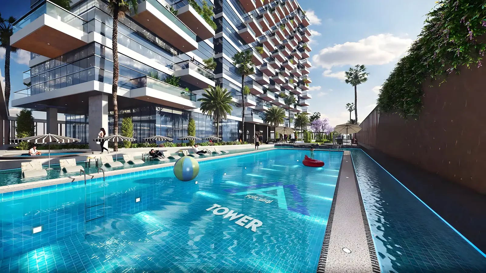 Pool deck with tower branding and balconies above