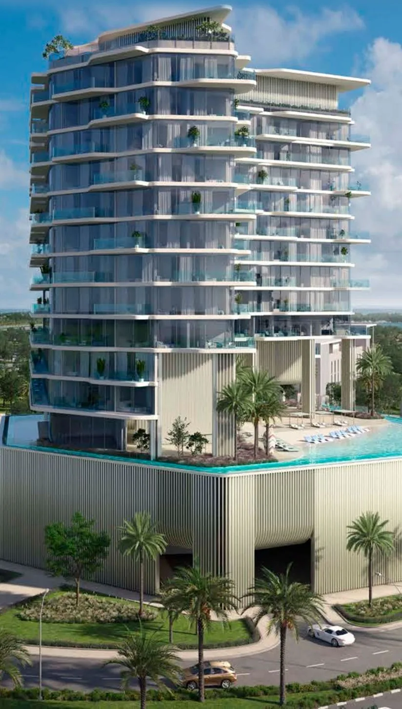 Curved balconies above ribbed podium and pool