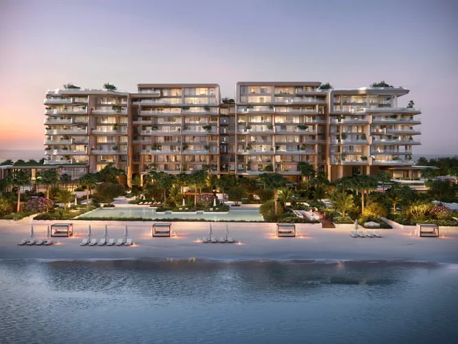 Beachfront Omoria building at dusk, full facade
