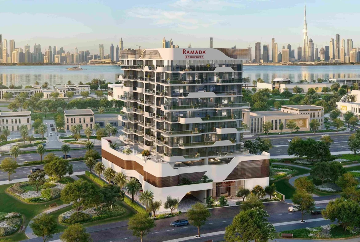 Developer render of full tower with podium and skyline
