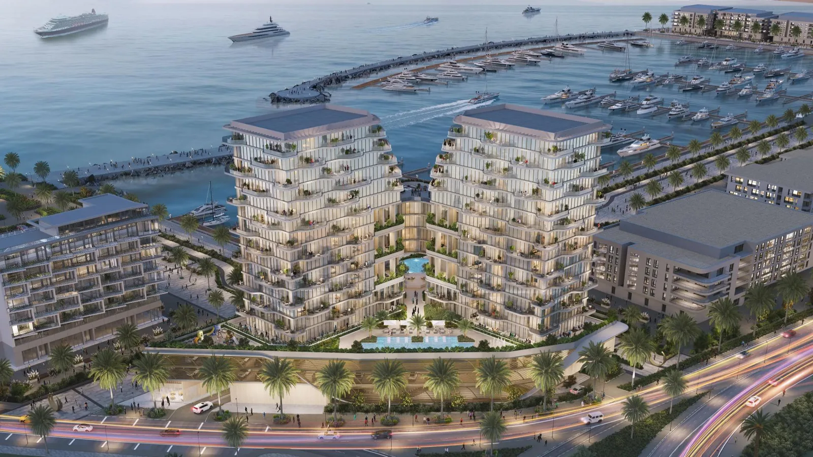 Twin marina-front towers with pool podium, yachts nearby