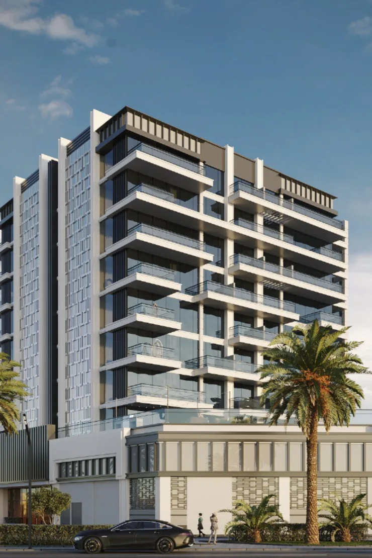 Tall white-framed tower with balconies and podium