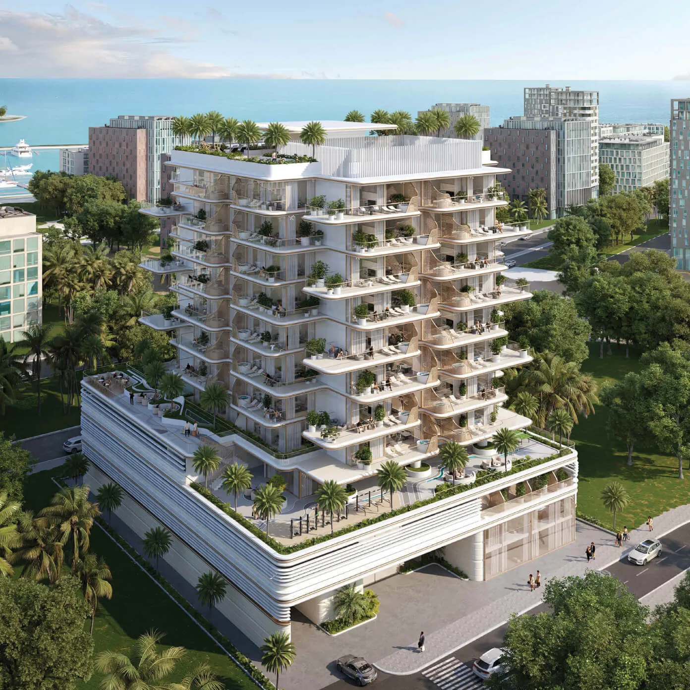 Aerial render of full tower and podium