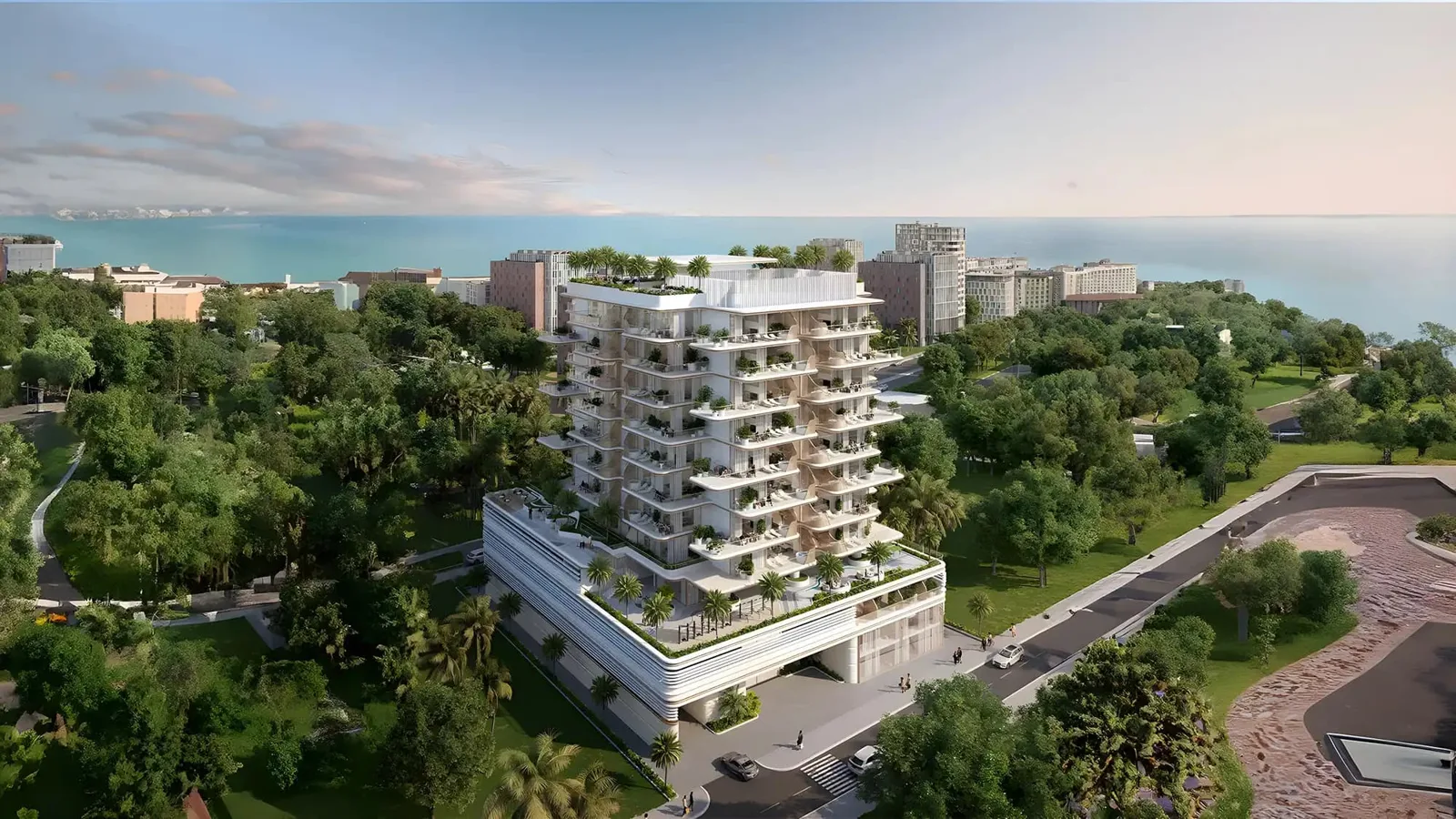 Aerial render of tower with sea backdrop