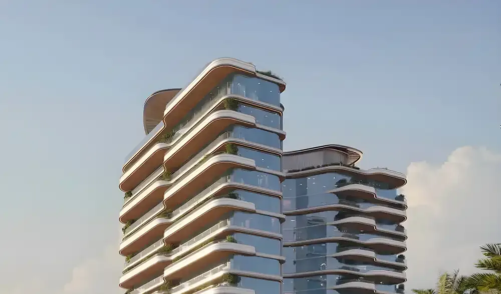 Upper floors with wood-toned curved balcony slabs
