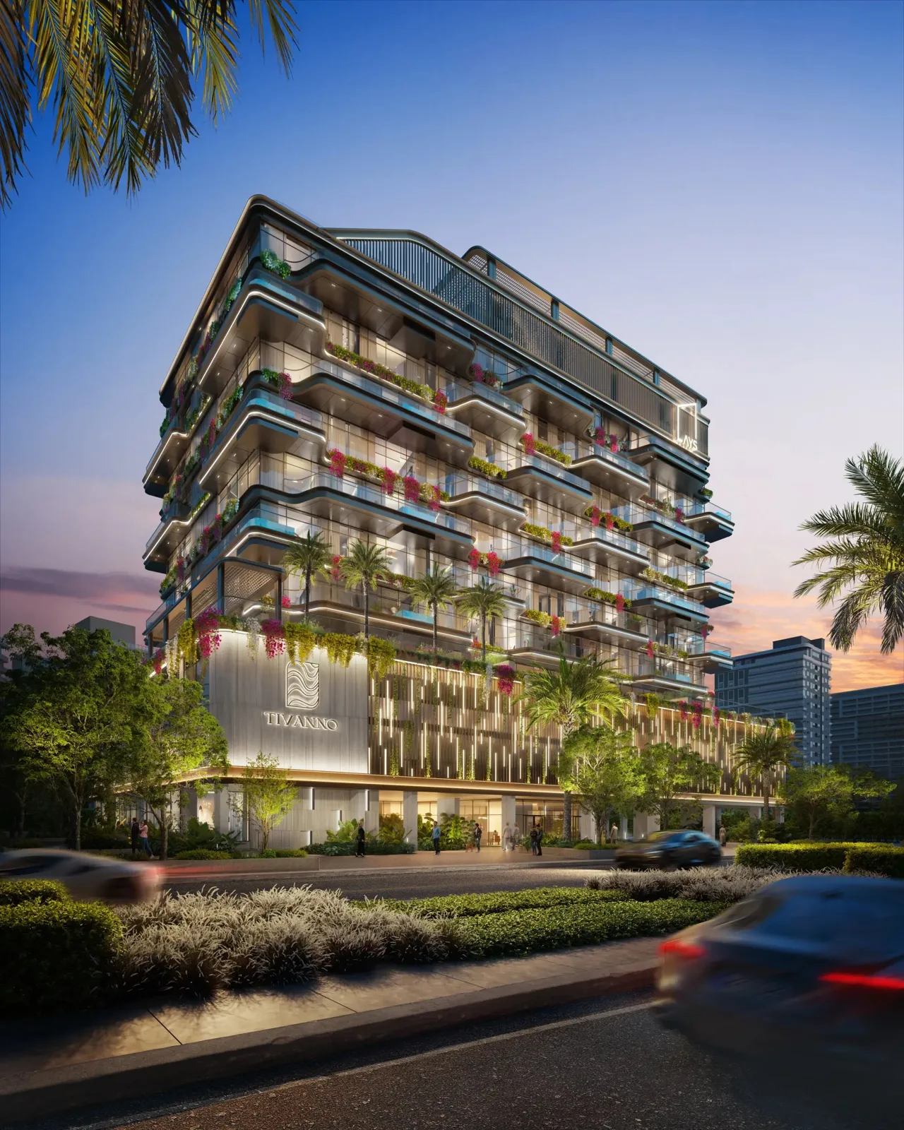 Street-level dusk render of Tivano, full height